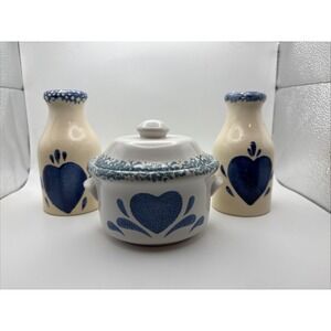 Set Of 3 Blue Sponge Heart Pottery Stoneware Country Vases Milk Jugs Soup Crock